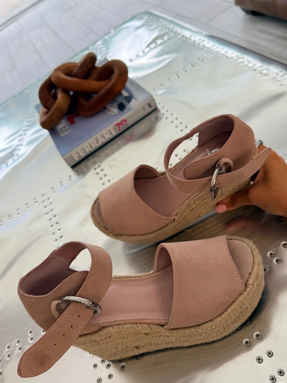 Marc Fisher Tan Espadrille Wedge Sandals with Ankle Buckle